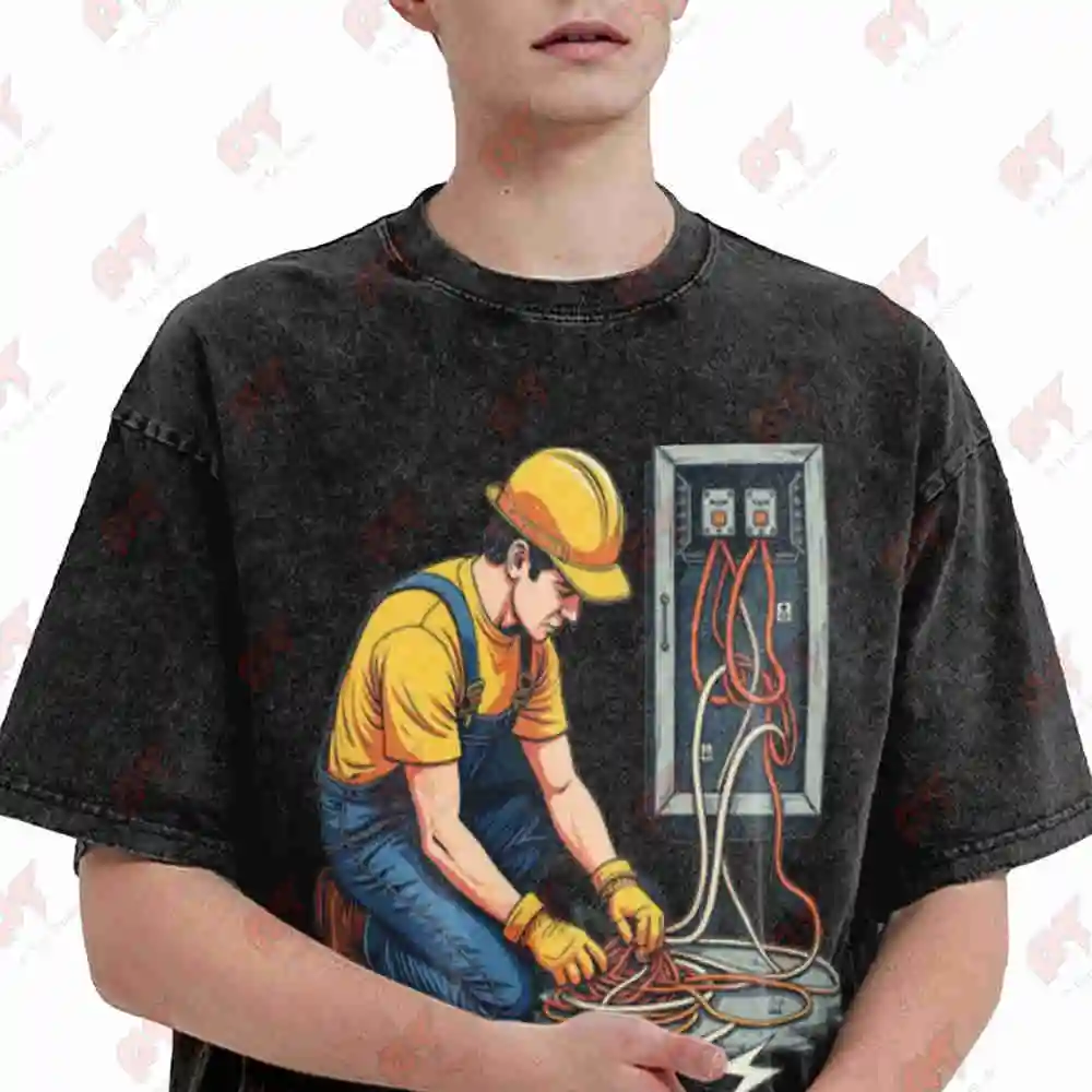 Electrician Wiring Tools Workwear Vintage Washed Tee Pure Cotton T-Shirt