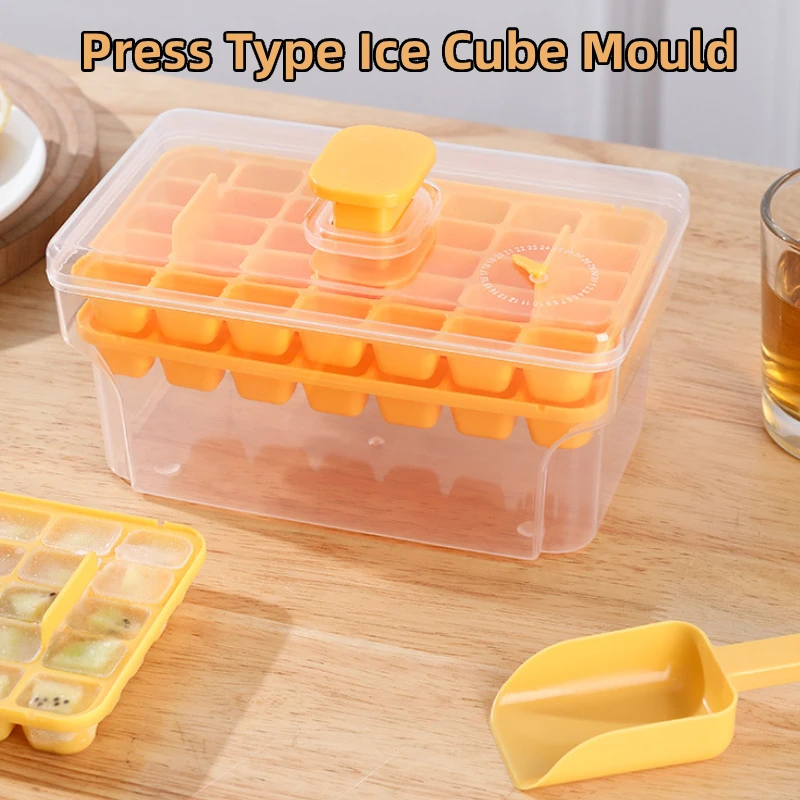 Drücken Sie Typ Eiswürfelform mit Schaufel DIY quadratische Form Tablett wiederverwendbare Eismaschine Haushalt Frostschutz Aufbewahrungsbox Küchenhelfer