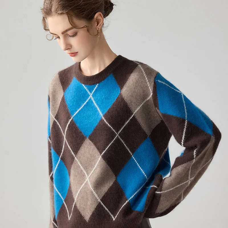 Ladies' 100% cashmere high neck sweater, elegant diamond shaped geometric knit sweater, suitable for autumn and winter casual co