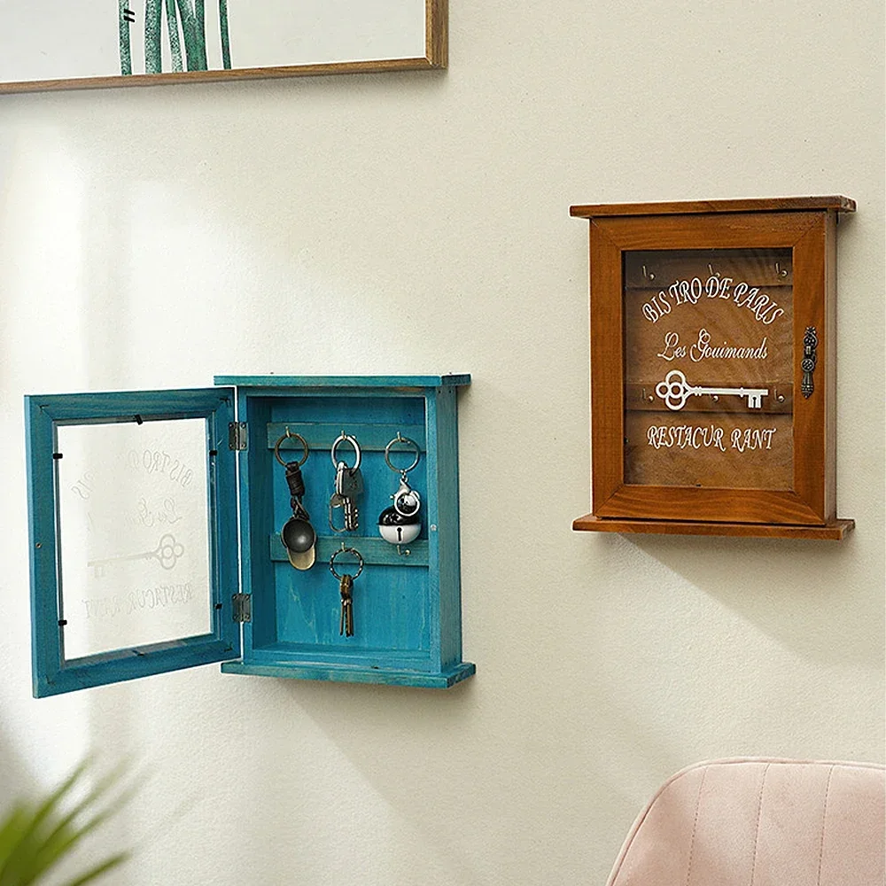 Boîte de rangement de clés en bois Vintage, à accrocher au mur, armoire de garde-robe bleu marron, porte-clé avec crochet, décoration murale