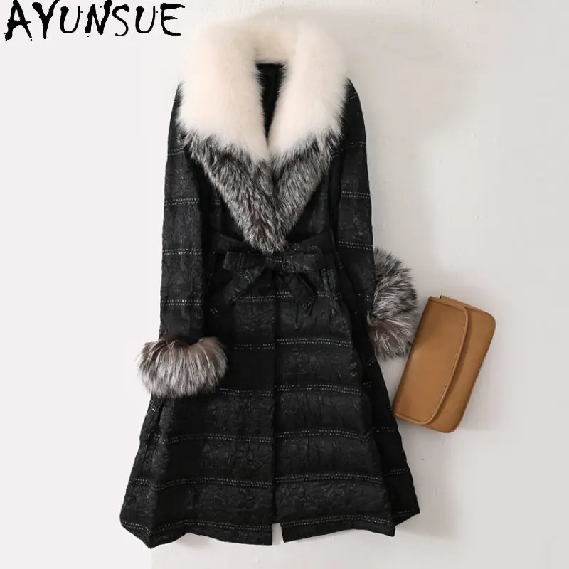 

AYUNSUE 90% White Goose Down Jacket Women Winter Korean Long Down Coat Fox Fur Collar Black Down Coats and Jackets Abrigo Mujer