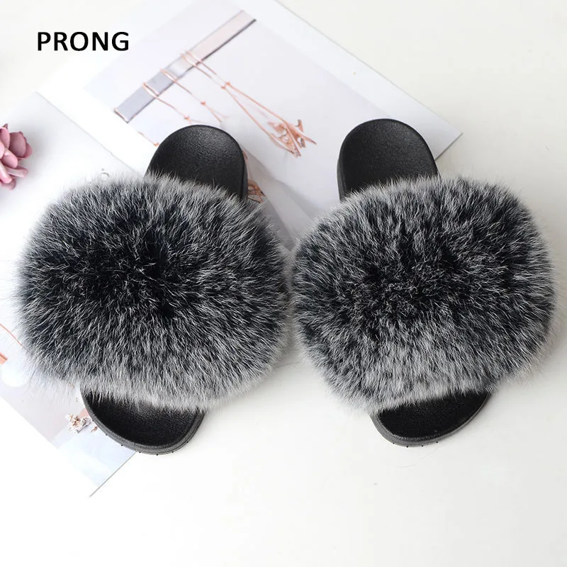 Fluffy Furry Fur Slippers Real Fox Fur Slides For Women Summer PVC Sole Flip Flops Sandals Woman Open Toe Shoes Slippers