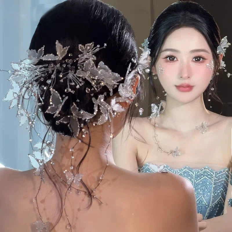 Korean Princess Wedding Dress Bridal Fairy Butterfly Hair Accessory Sweet And Delicate High-End Fashion Back-Pressed Hairwear