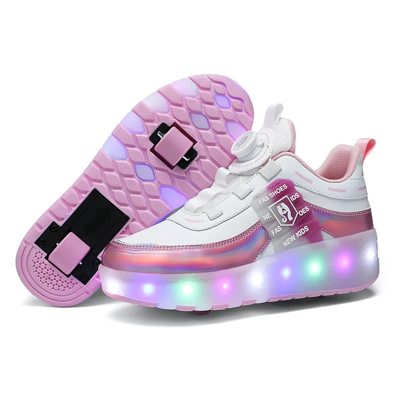 Children's Sneakers Boys Girls Two Wheels LED Light Roller Skates Shoes with USB Charging Kids Outdoor Breathable Sports Shoe