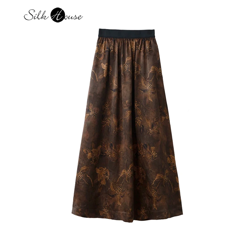 

Women's Fashion Autumn New 100% Natural Mulberry Silk Gambiered Guangdong Gauze Coffee Jacquard Elastic Waist A-line Skirt