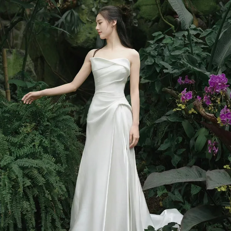 

White Satin Off-Shoulder Light Wedding Dress Bride High-End Mermaid Style Reception Outfit Summer Long Dress with Small Train