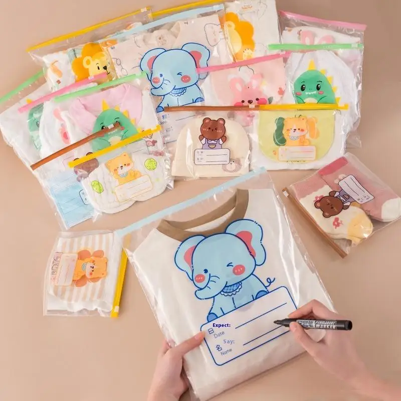 10/15/20 ชิ้น ถุงเก็บของแบบมีซิป ลายการ์ตูนช้าง ยีราฟ โปร่งใส หนาขึ้น ประหยัดพื้นที่ สำหรับเด็กอนุบาล