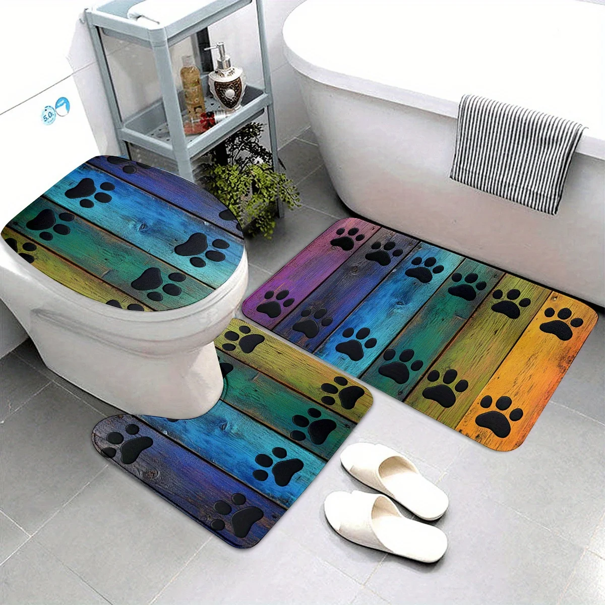 

3pcs Happy Dog Print Floor Mat Set | Made of High-Quality Flannel Fabric, Soft, Comfortable, Washable, Includes Toilet Seat Cove
