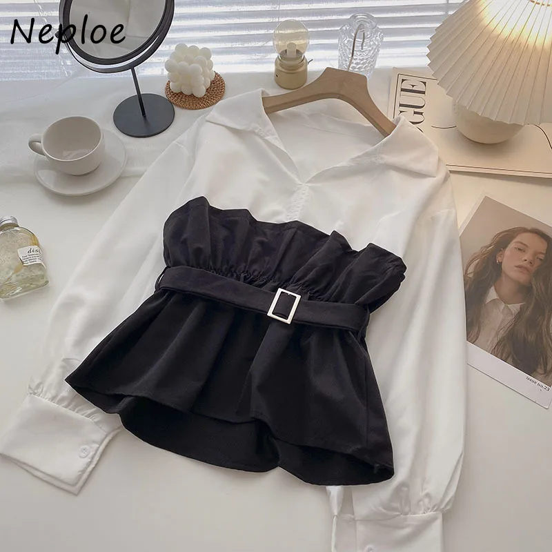 Neploe Elegant Temperament Autumn Shirt Women 2024 New Korean Style Long-sleeve Blouses Woman Belt Slim Waist Blusas Female