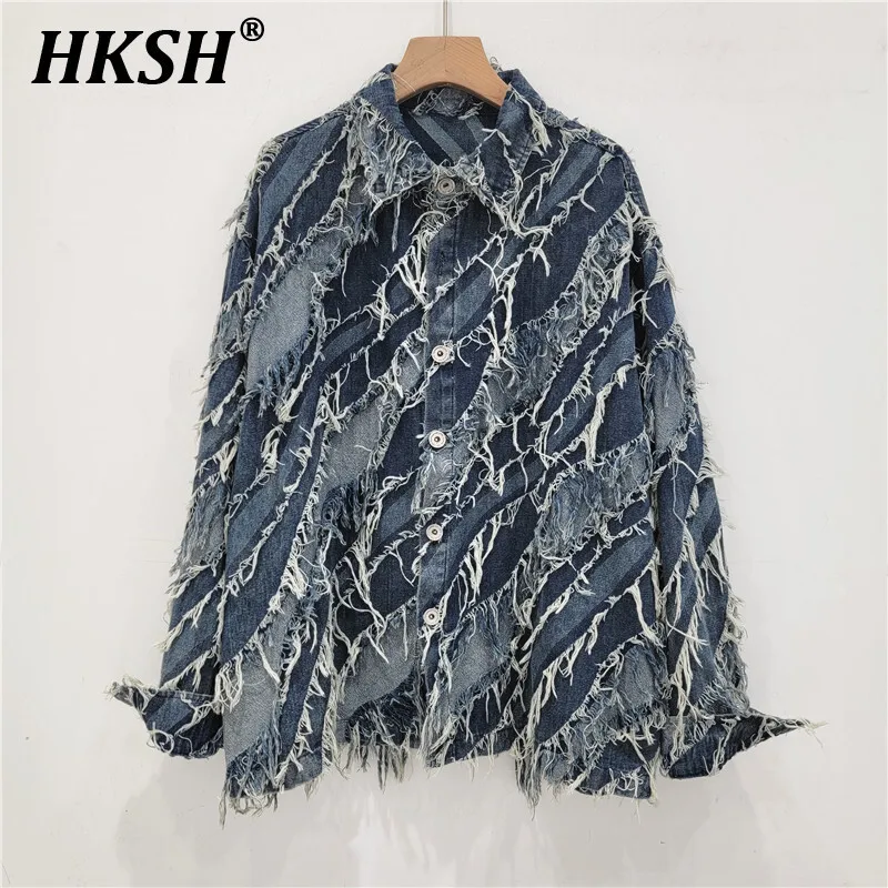 

HKSH Spring Summer New Women Chic Ins Trendy Y2K High Street Vintage Casual Hairy Edge Patchwork Denim Long Sleeved Shirt HK5542