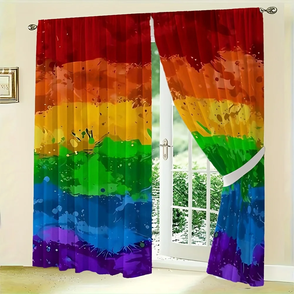 2PC Rainbow Abstract Curtain Drapes Boho Grunge Paint Splatter Window Treatment Home Decor Accent Curtains