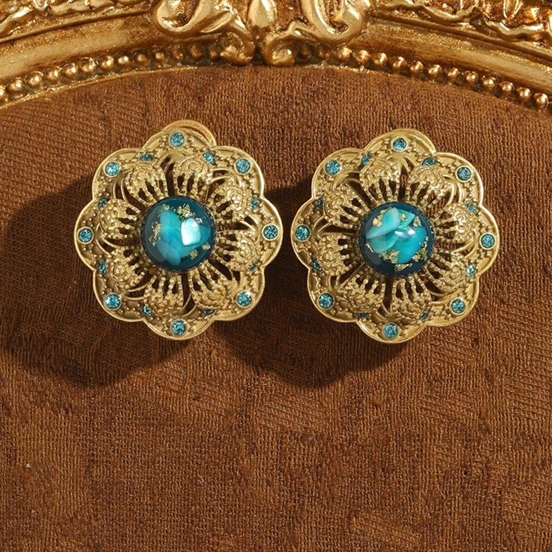 

Vintage Big Antique Gold Color Flower Earrings Blue Opal Glazed Palace For Woman Wedding Luxury Quality Jewelry New 2025 Trend