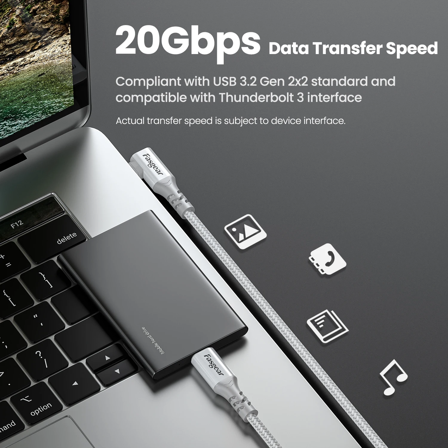 Fasgear USB C to Type C 3.2 Gen 2x2 Cable 20Gbps 100W Charging 4K Video Braided USB-C Cord 90 Degree Compatible for Macbook Pro