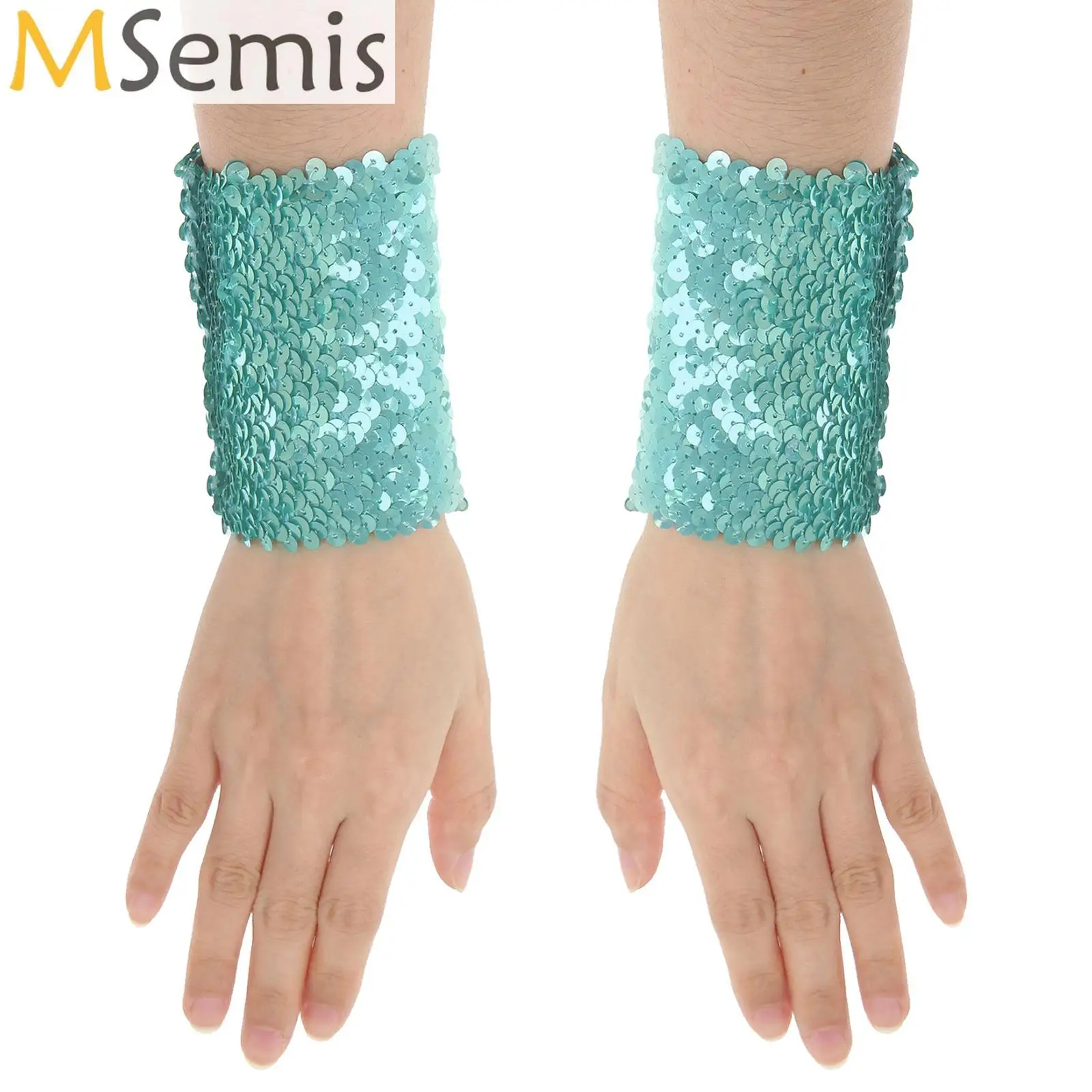 

Women Girls Shiny Sequins Wrist Cuffs Stretchy Sparkle Oversleeve Cuffs Cosplay Dance Party Props Supplies Favors Slap Bracelet
