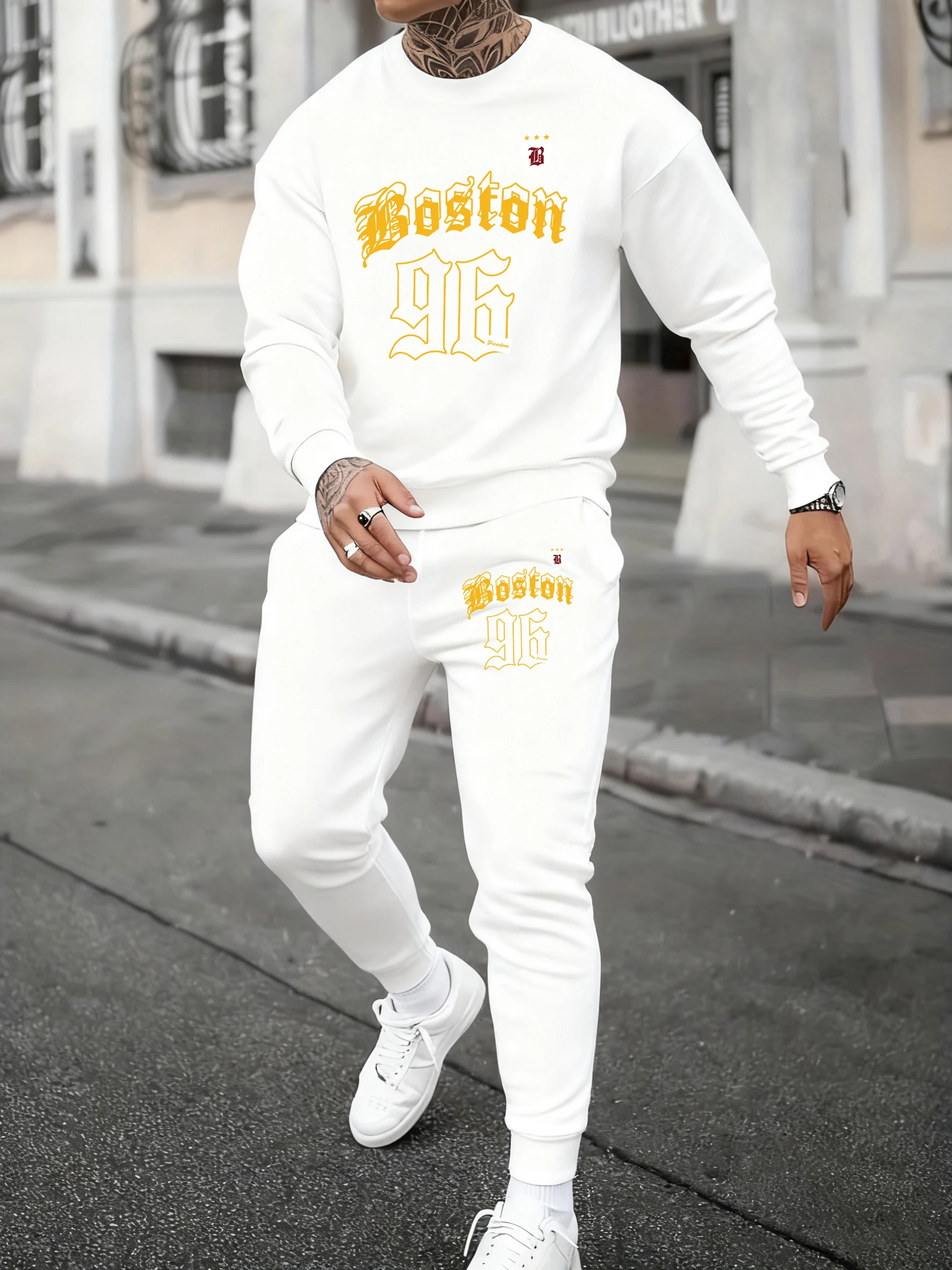 

Boston Number 96 Jersey Pattern Men Autumn Winter Sweatshirts Pants 2 Piece Set Fleece Comfy Hoody Basics Jogging Sportpants