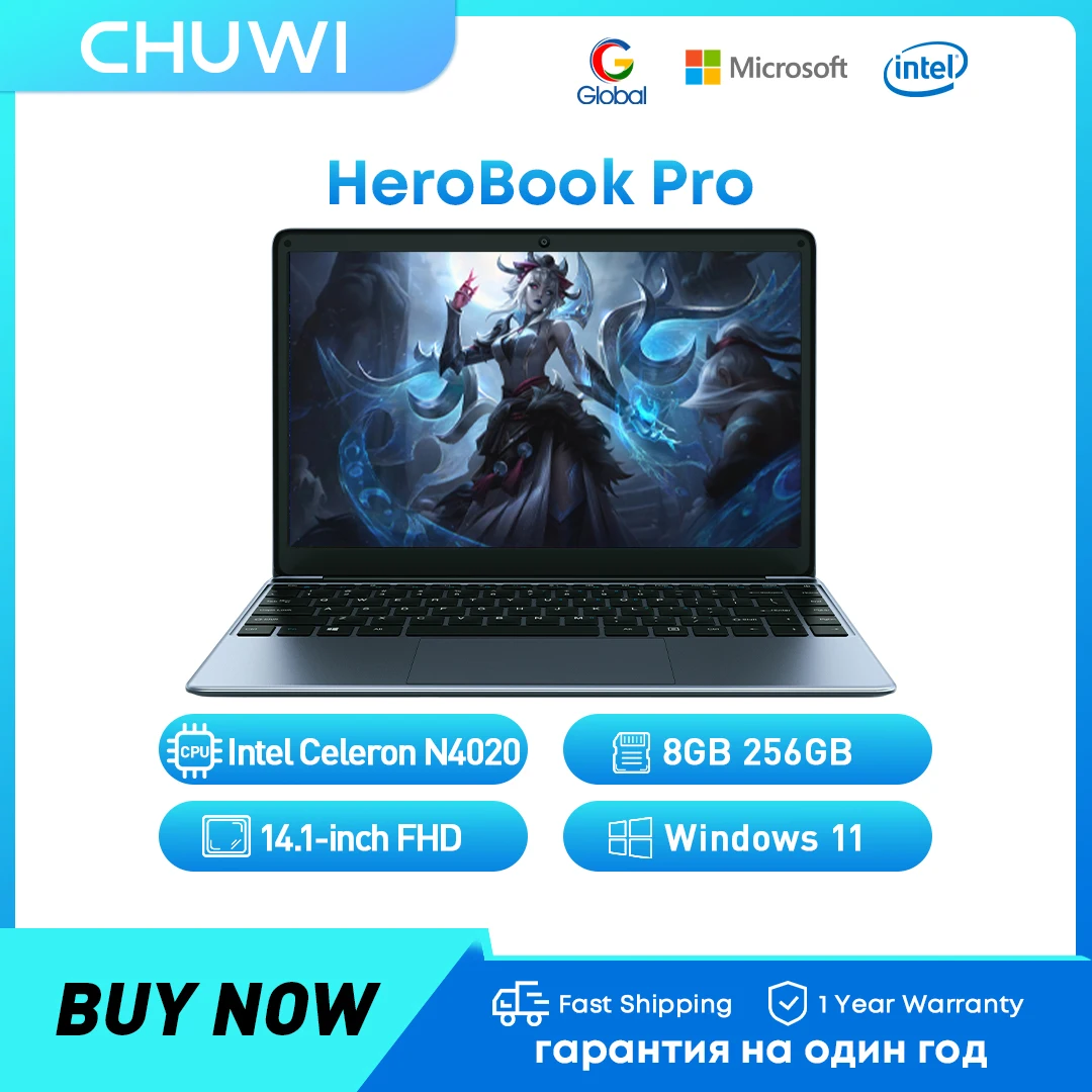 

CHUWI HeroBook Pro Laptop 8GB RAM 256GB SSD Intel Celeron N4020 Dual Core 14.1 inch IPS Screen Windows 11 NoteBook Laptops