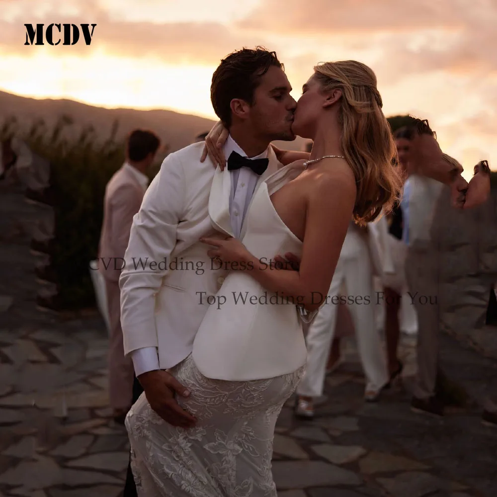 MCDV Gorgeous Wedding Dresses 2025 Satin Bridal Gowns Lace Appliques Strapless Sleevelss Mermaid Vestidos De Novia Customized