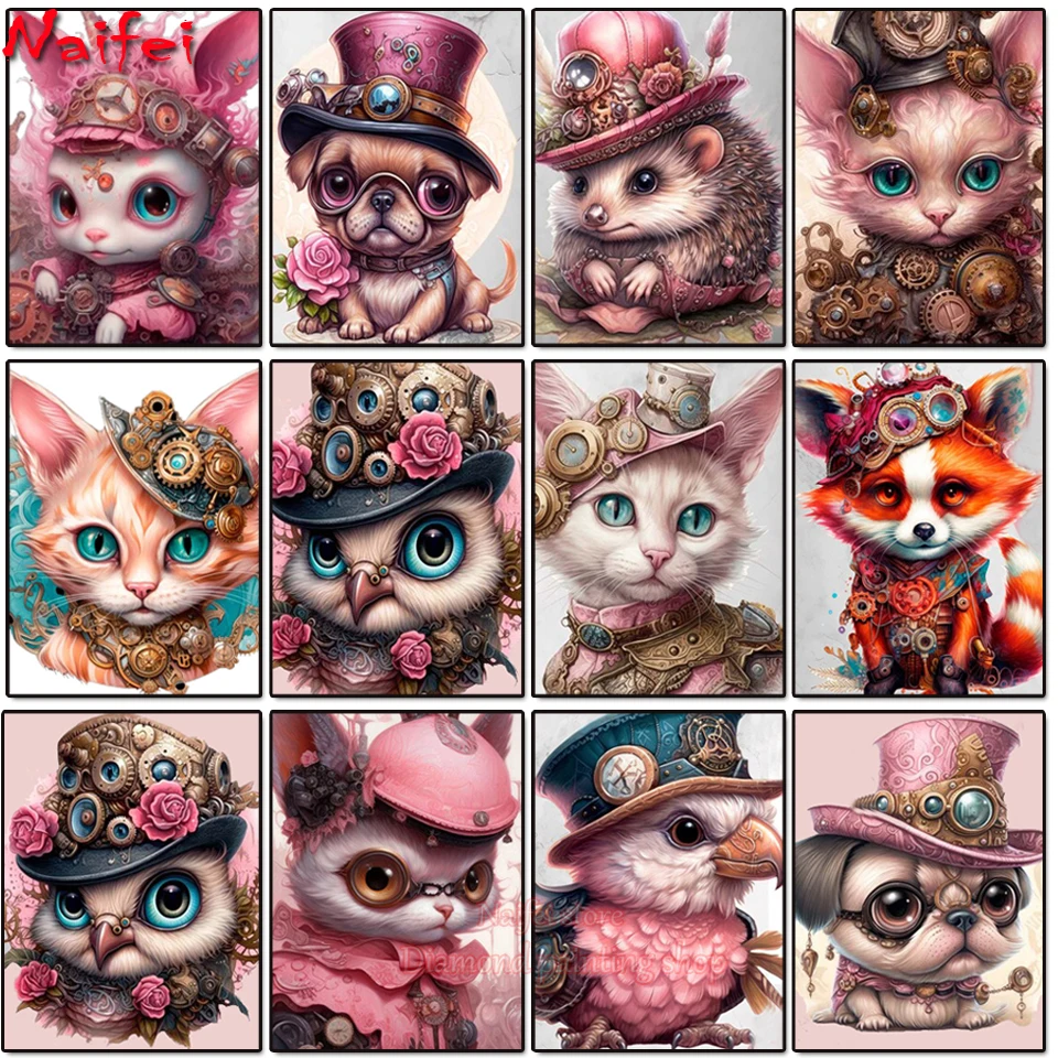 Steampunk Cute Animal Diamond Painting Owl Cat Dog Diamond Embroidery Full  Diamond Mosaic Cross Stitch Kits Home Decor Picture