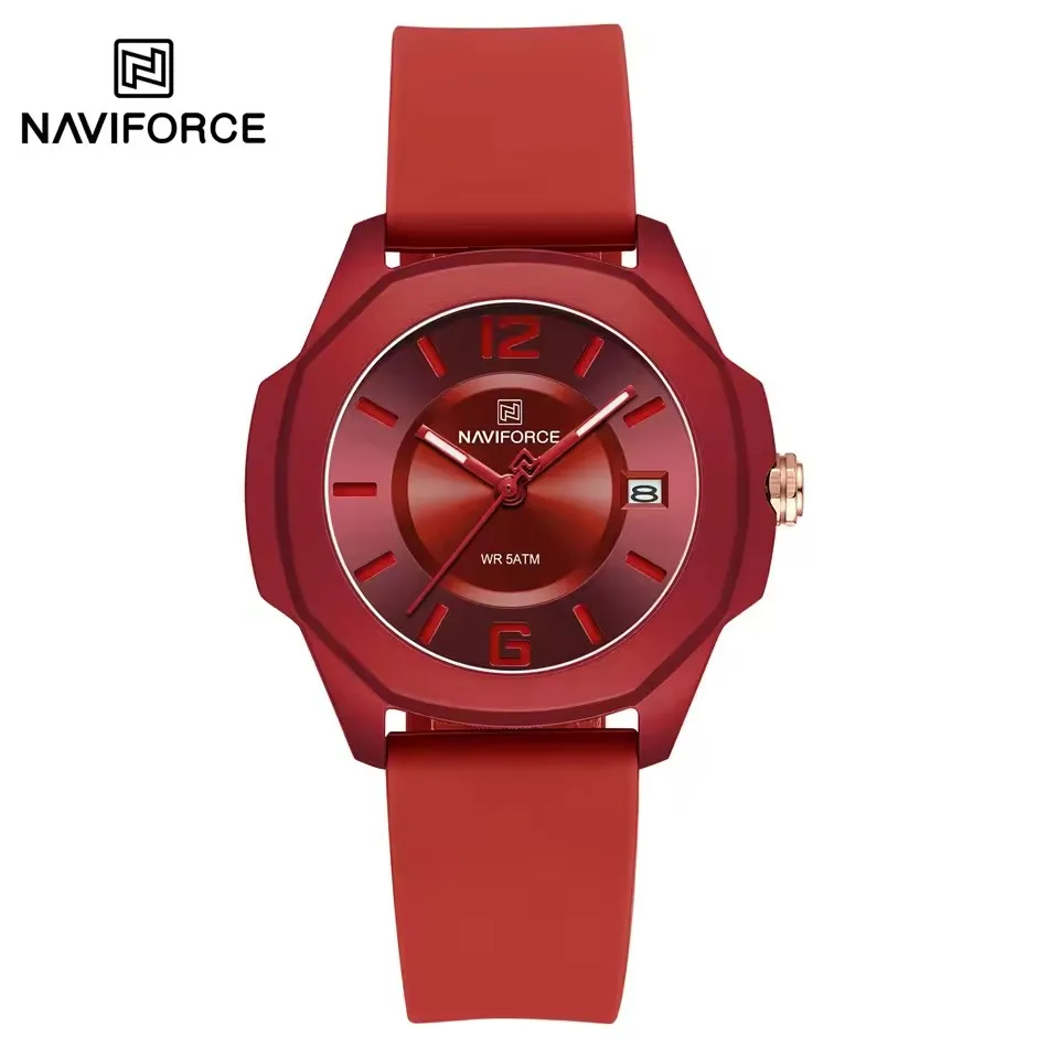 

NAVIFORCE NF7107 Элегантные женские кварцевые часы с простым календарем, светящимся водонепроницаемым силиконовым ремешком, повседневные наручные часы