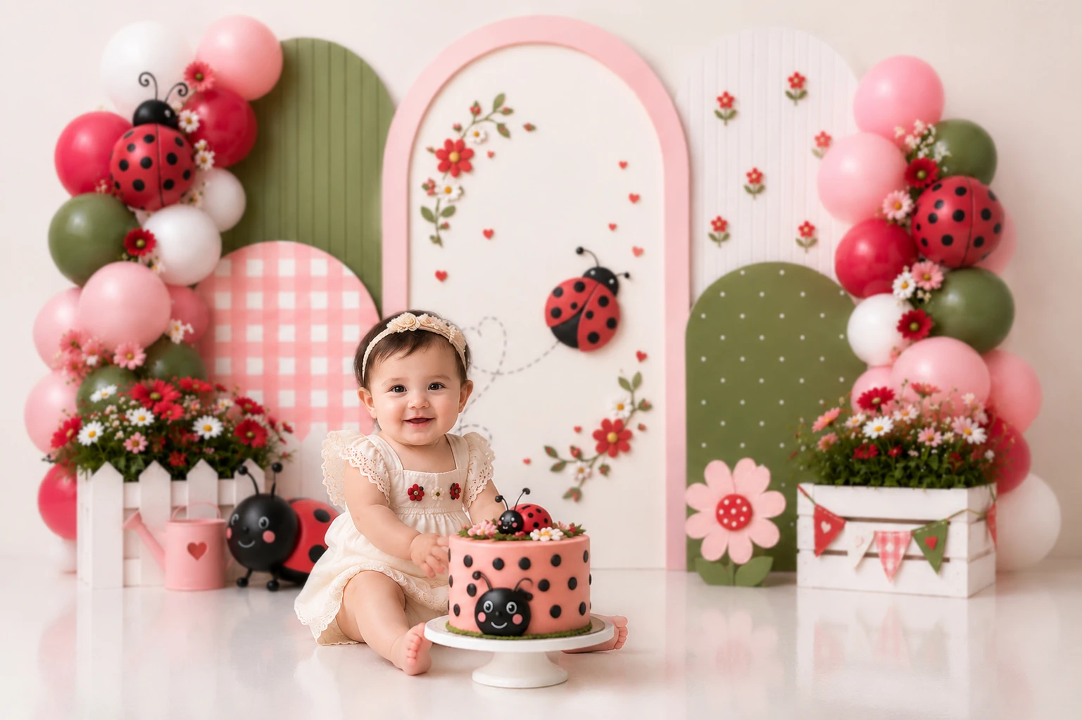 Różowy kwiatowy łuk balonowy, tło do sesji zdjęciowej na pierwsze urodziny, tło do tortu, tło do fotografii portretowej dziewczynki, tło do zdjęć w studio. — zdjęcie produktu 3