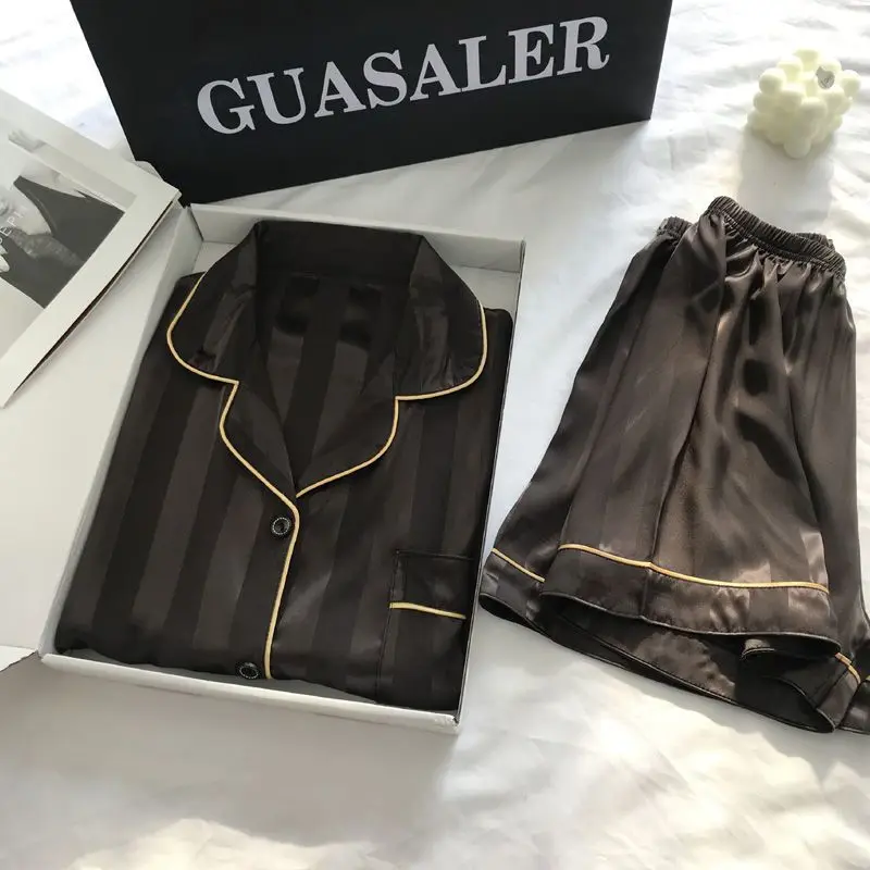 2-teiliges Set Sexy Nachtwäsche für Damen aus Eisseide mit Kurzen Ärmeln, Gestreifter Cardigan mit Revers, Damen-Pyjama für Zuhause – Detail 8