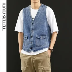 TFETTERS Summer New Denim Vest Men Japanese Casual Loose Washed Old Sleeveless Coat Fashion Solid Color Collarless Denim Jacket