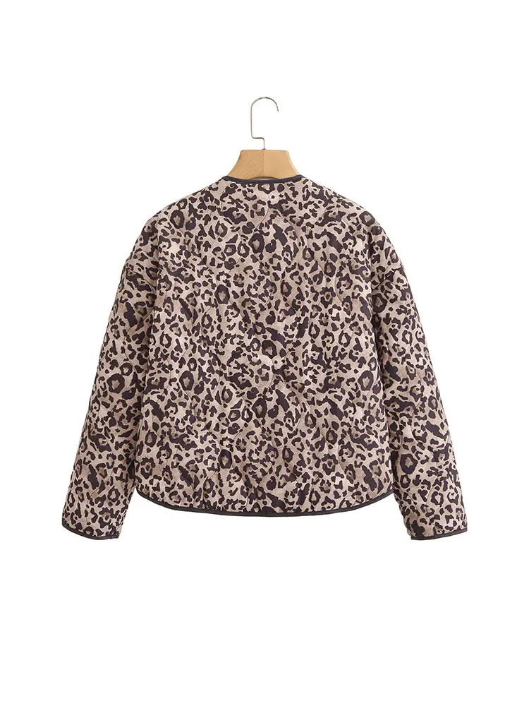 TRAF 2024 Autumn Retro Leopard Print Pockets Coats For Women Fashion Casual Long Sleeve Bomber Jacket Female Chic Outerwear