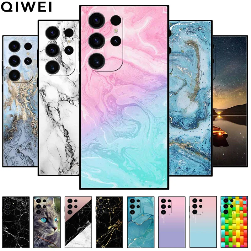 For Samsung S24 Ultra Case Luxury Marble TPU Soft Black Painted Cover for Samsung Galaxy S24Ultra 5G Phone Cases S 24 Ultra Capa