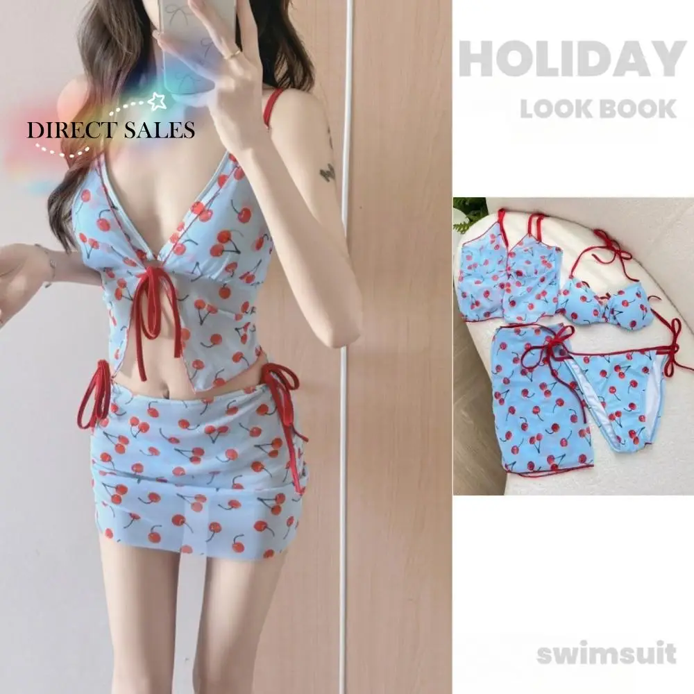 

Cover-Ups Pure Color Cherry Bikini Set V Neck Push Up Four Piece Set Print Pattern Mesh Lace Up Bathing Suit Spice Girls