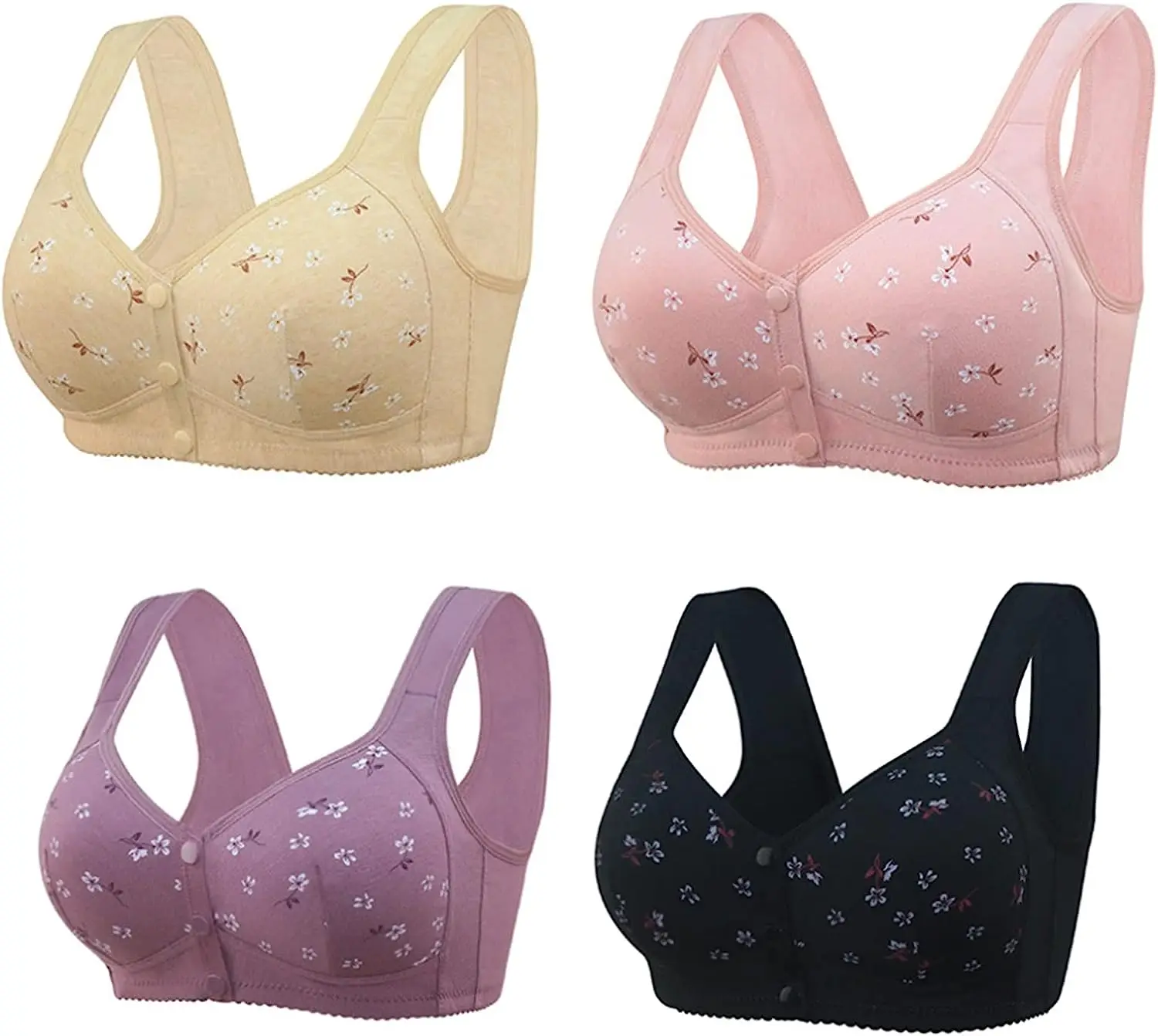 Convenient Front Button Daisy Bra Elderly Comfy Active Cotton Wire Free Floral Closure Underwear Everyday Lingerie Plus Size