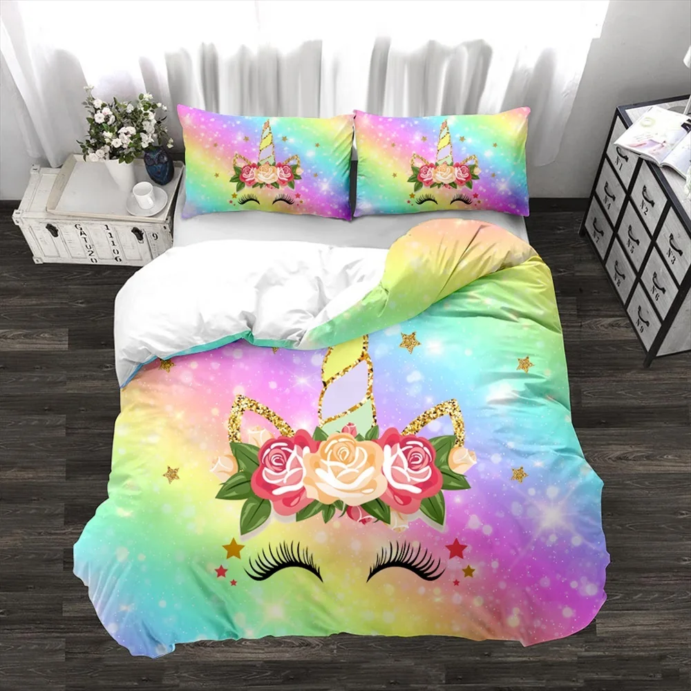 Rainbow Unicorn 3D Print Bedding Set for Kids Crib Children Baby Cartoon Duvet Cover Set Pillowcase Blanket Quilt Cover 3 Pieces