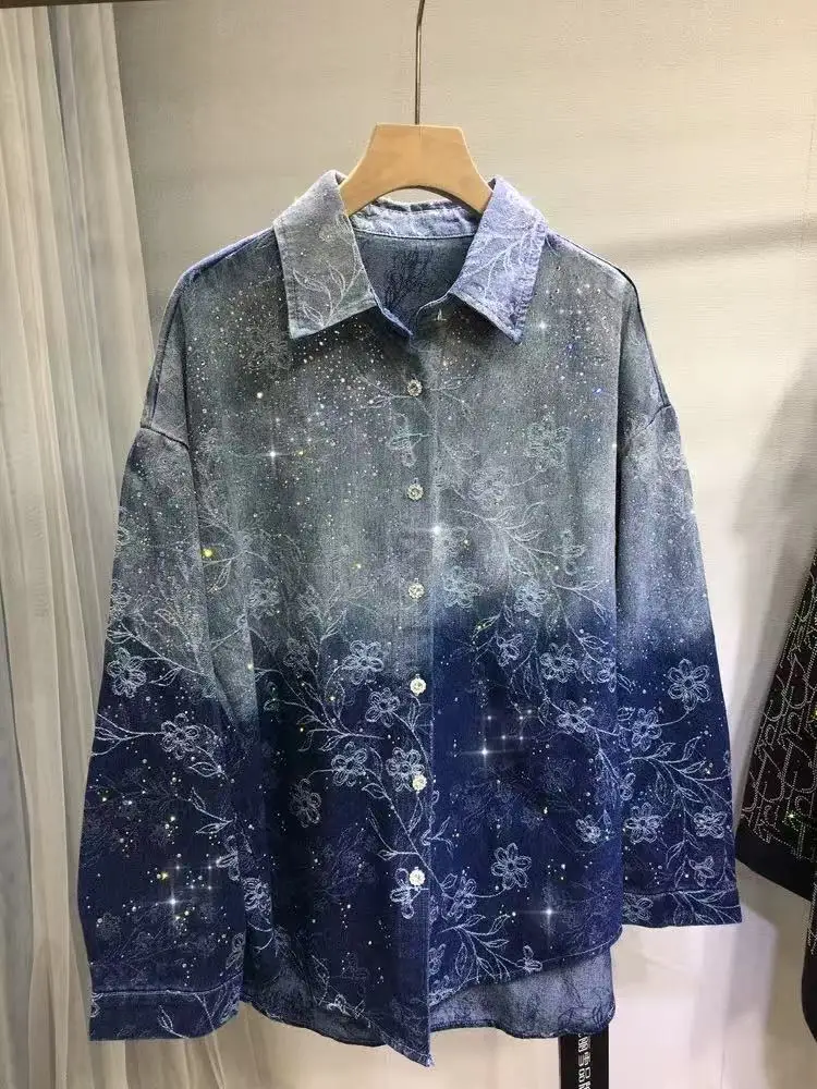 New 2024 Autumn Trend Sequins Diamonds Hot Drilling Denim Shirts and Blouses Women's Loose Casual Denim Top Jacket Woman Clothes