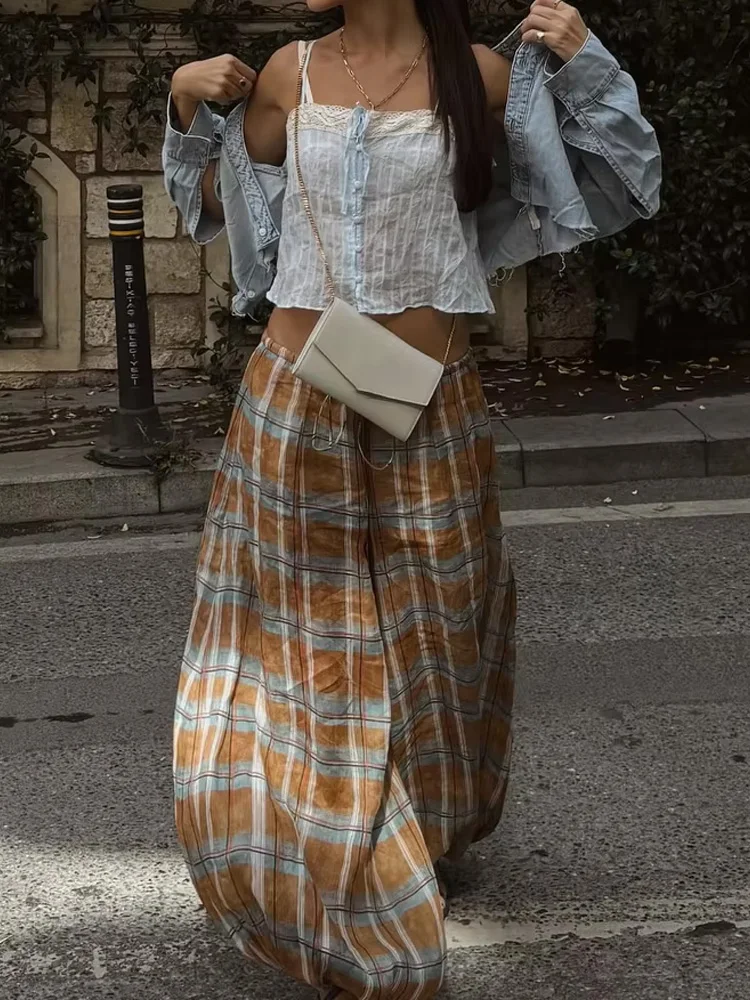 กางเกงลำลองผู้หญิงแฟชั่นฤดูใบไม้ร่วง ผ้ารามี ลายสก็อต ทรงหลวม สไตล์เก๋ไก๋ หรูหรา มีเชือกผูกเอว สไตล์ไฮสตรีท