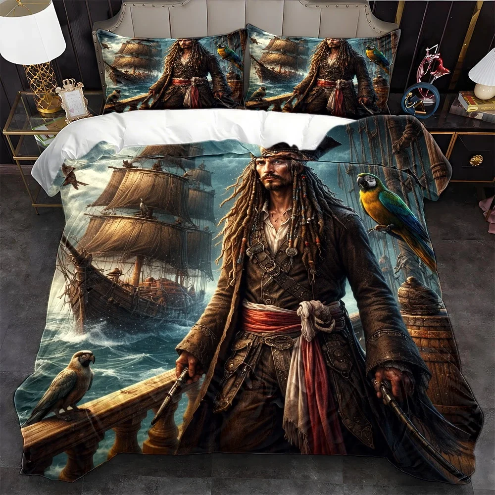 3Pc Pirate-Themed Bed Cover Set, Three-Piece Bed Set (1*Duvet Cover + 2*Pillowcases), Suitable for All Seasons, Machine Washable, Invisible Zipper Design, Large Double Bed Cover Set, Suitable for Home, Dormitory, Master Bedroom, Guest Room, Vintage Nautical Style Bedding, Pirates of the Caribbean Elements, Durable and Skin-Friendly Bedding Set, Bedroom Bedding Set 2D Flat Print