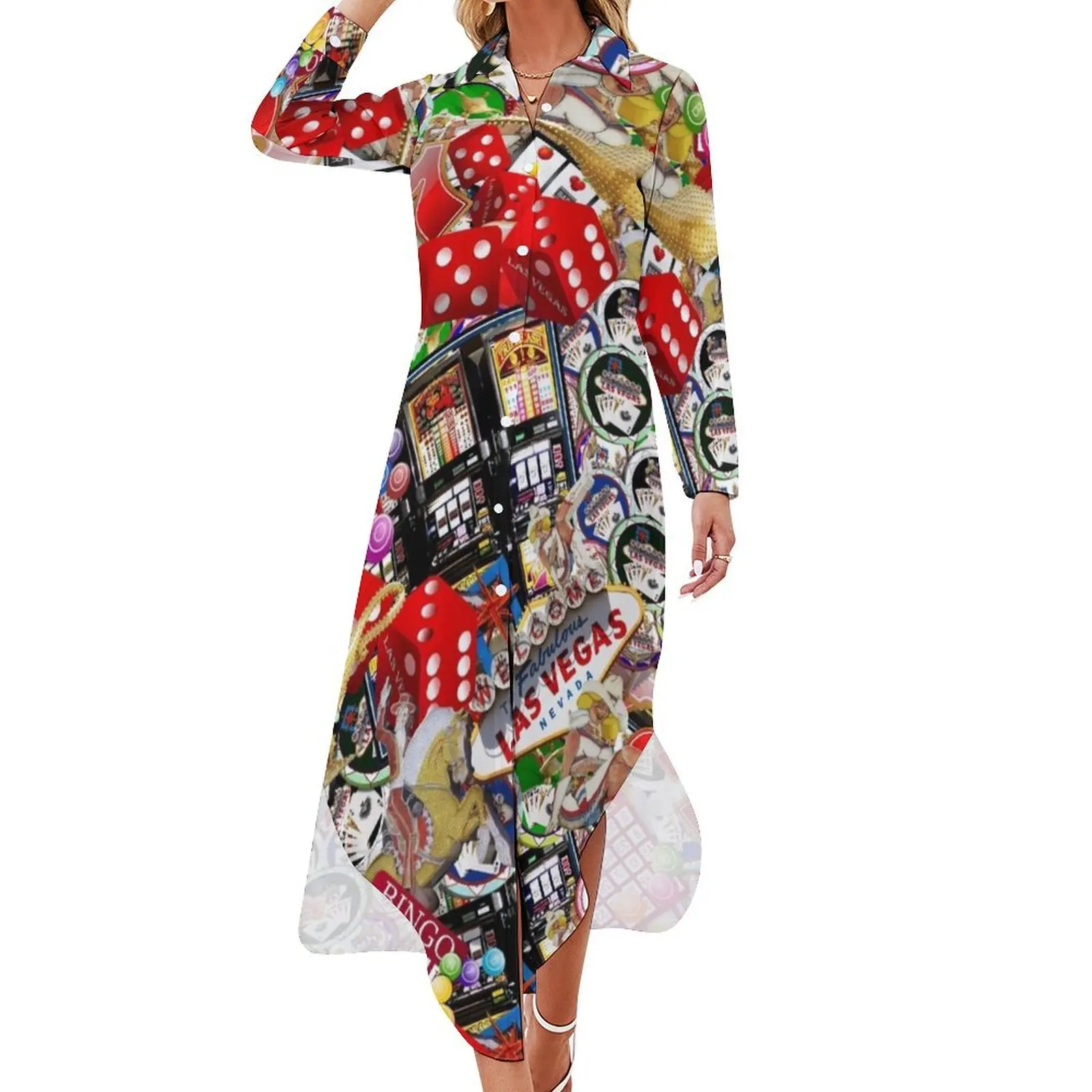 Gamblers Delight - Las Vegas Icons Long Sleeved Shirt Dress Women's clothing loose summer dress summer dress korean women