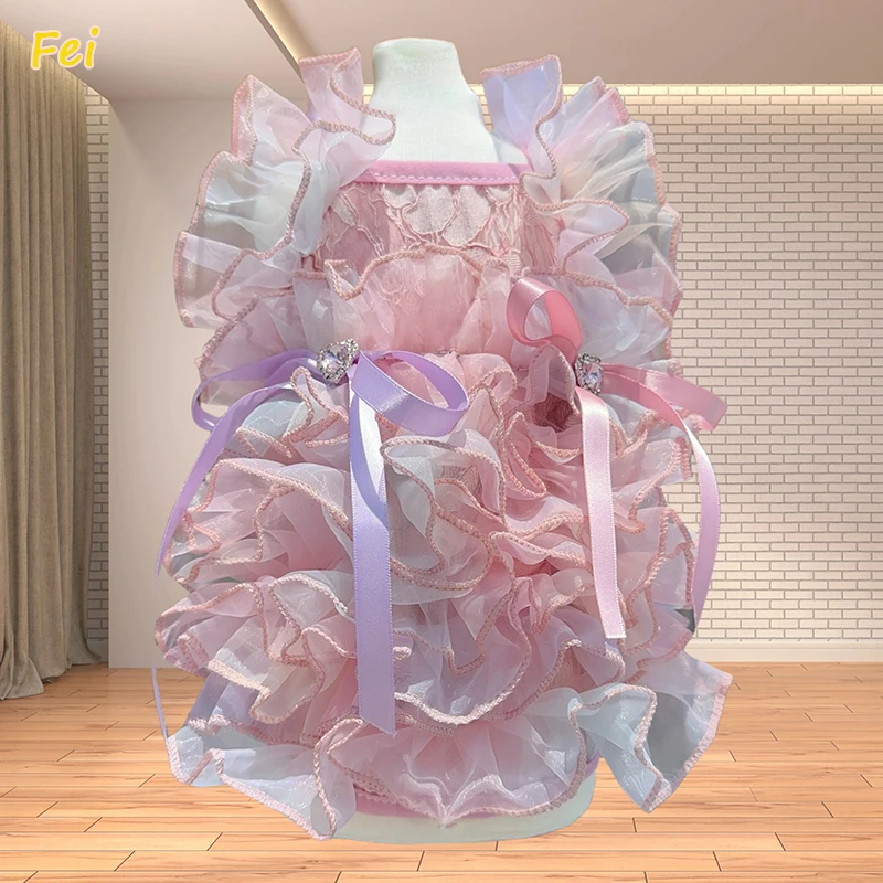 

Princess Dog Dress for Small Medium Puppy Party, Summer Cotton Lace Hollow-out Tutu Skirt with Bow, Pink Purple Pet Clothes