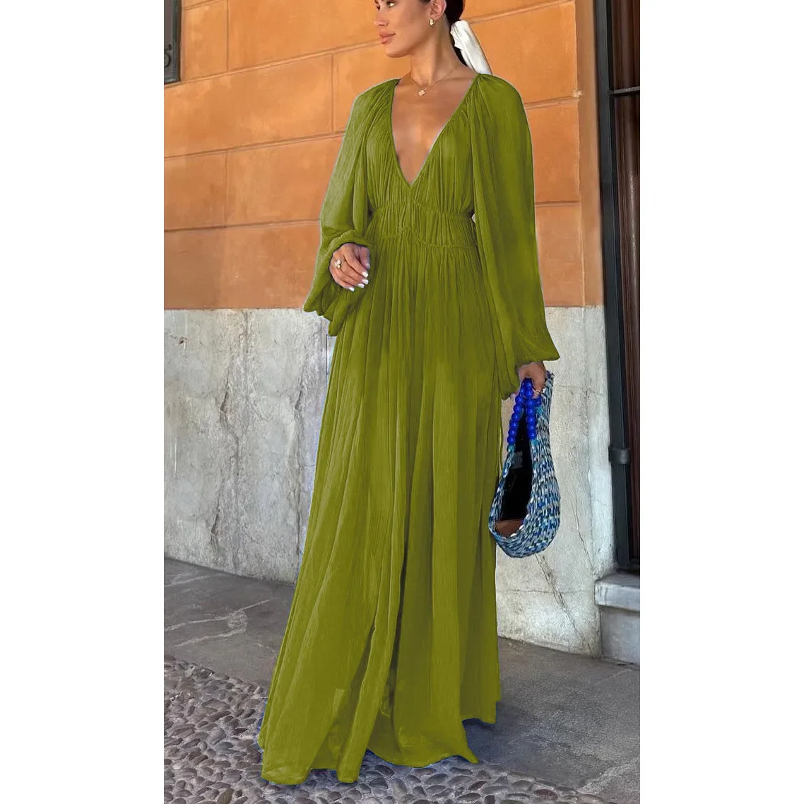 Ladies Sexy Deep V High Waist Solid Color Chiffon Evening Dress Spring Elegant Lady Chic Beach Holida Dresses Pleated Long Dress