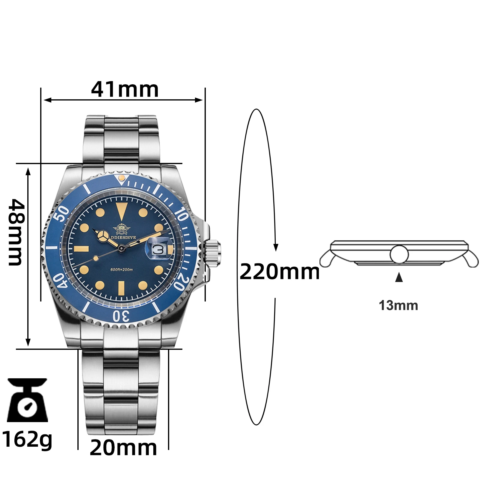 ADDIESDIVE-Relógio De Quartzo De Luxo Com Display E Calendário, Relógios De Moda, Aço Inoxidável, 20Bar Dive, Super Luminoso, AD2054, 41mm