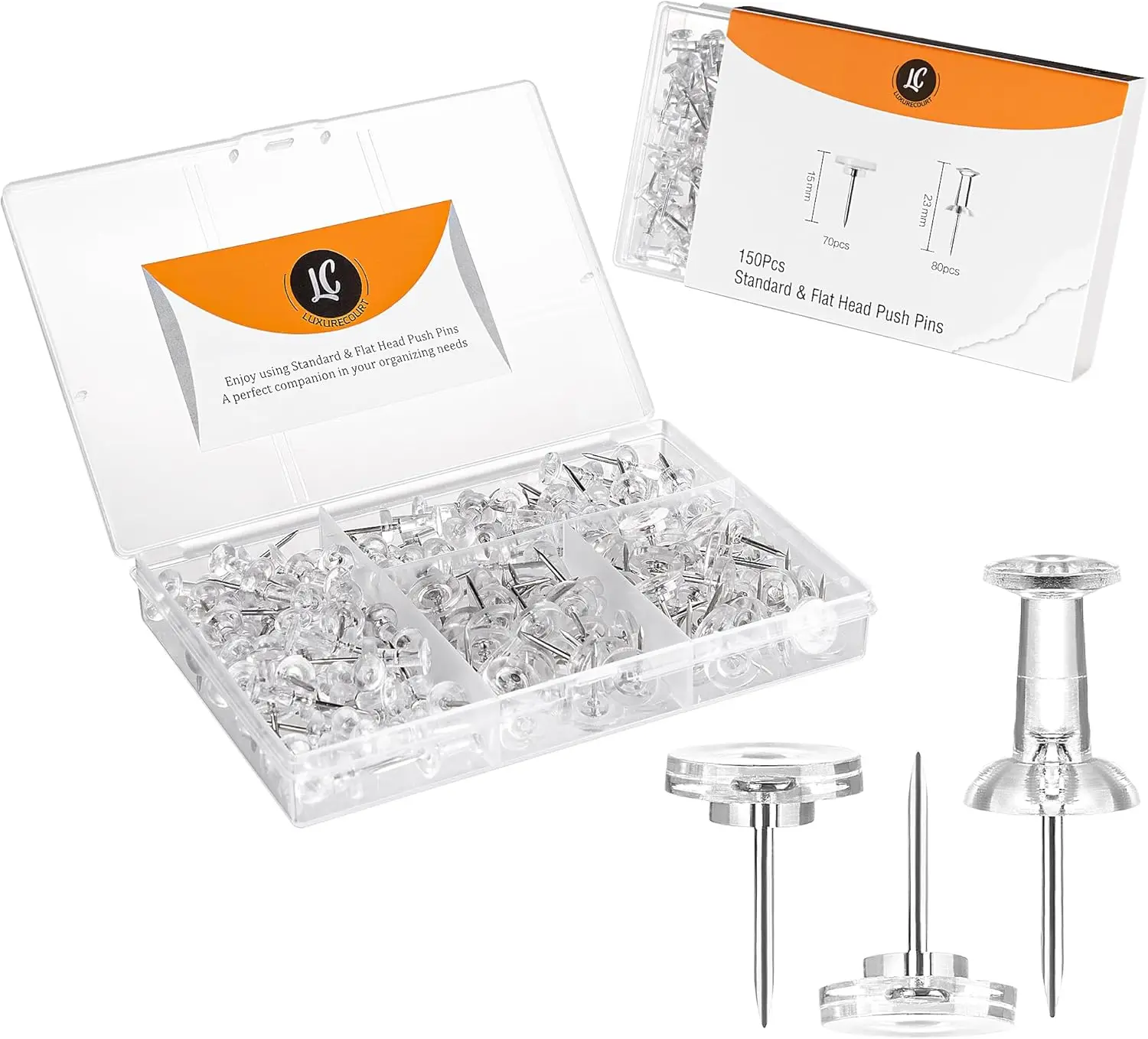 150 Clear Push Pins for Bulletin Board, Corkboard, Wall Hanging - Includes Flat Head Thumbtacks & Standard Pushpins in Reusable