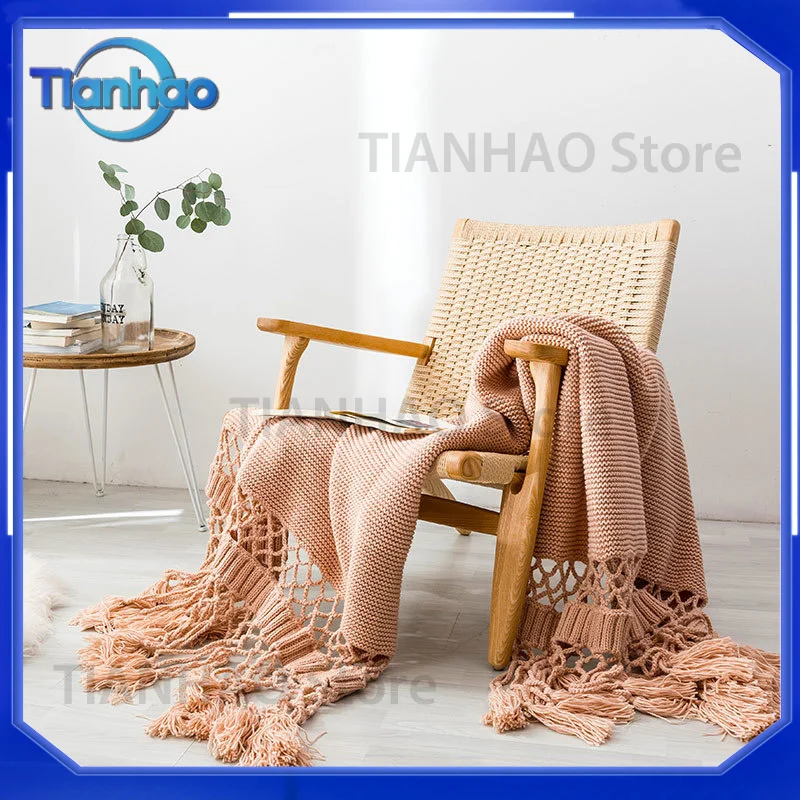 Handmade Hollow Tassel Blanket 120x180cm Hand Knitted Thread Bed End Sofa Cover Photo Prop for Home Decor