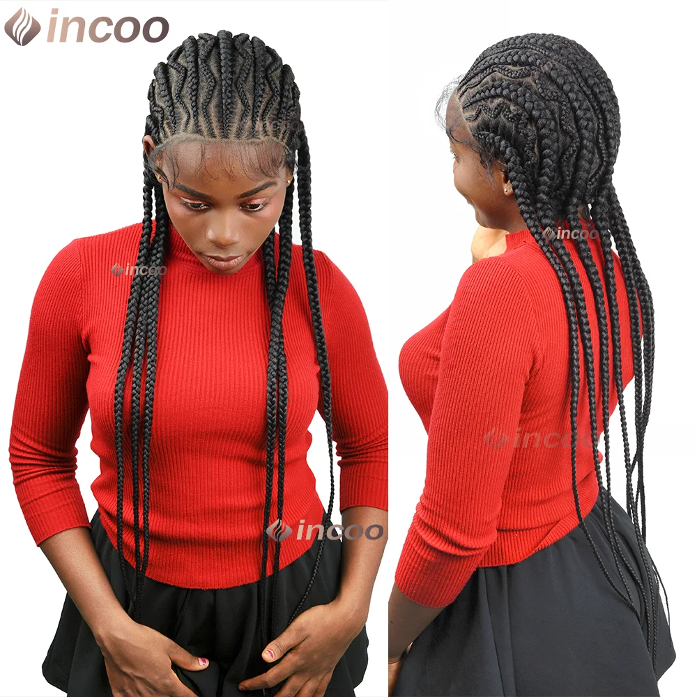 36 بوصة الاصطناعية فولاني شعر مستعار مضفر مع شعر الطفل كامل الدانتيل اليدوية Cornrows عالية ذيل حصان مضفر الدانتيل الباروكات للنساء السود