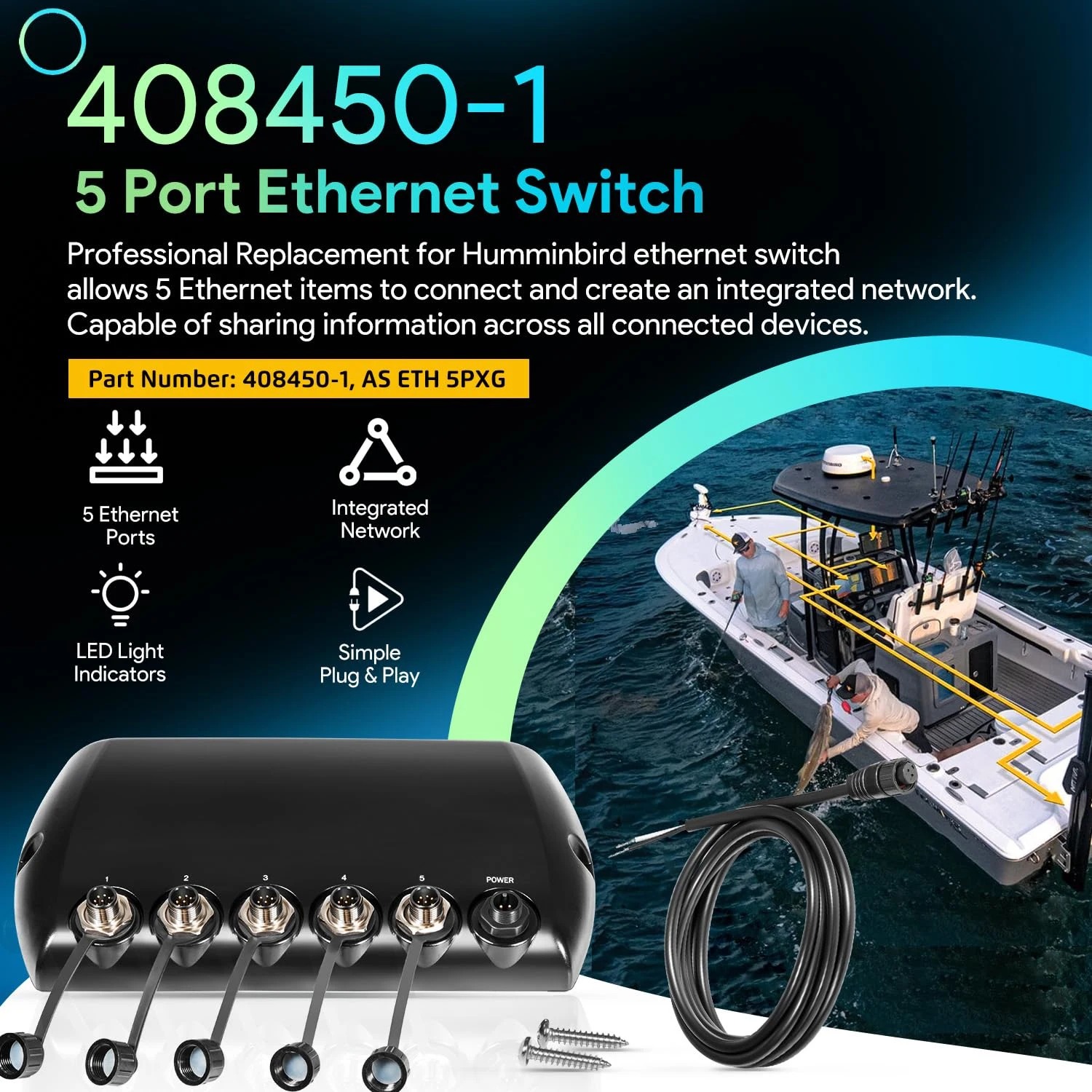 408450-1 5 Port Ethernet Switch, for Humminbird AS ETH 5PXG Network Switch Hub for All Helix 7/8/9/10/12/15, G4N, G3N, Etc