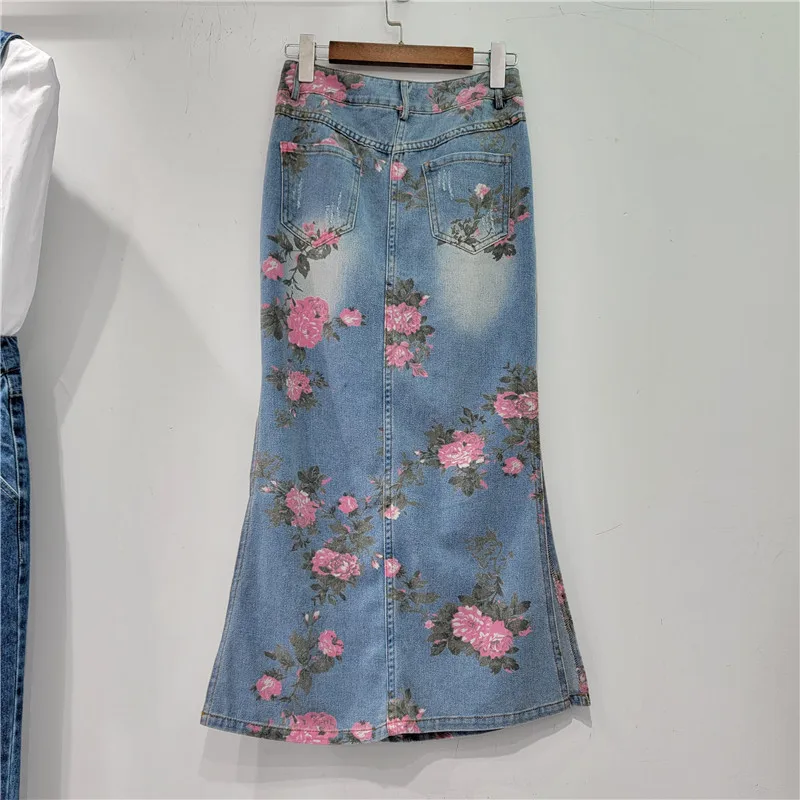 Spring Summer New Mid-Length Office Lady Skirt National Style Printed High Waist Slim Mid-Length Split Denim Skirt for Women