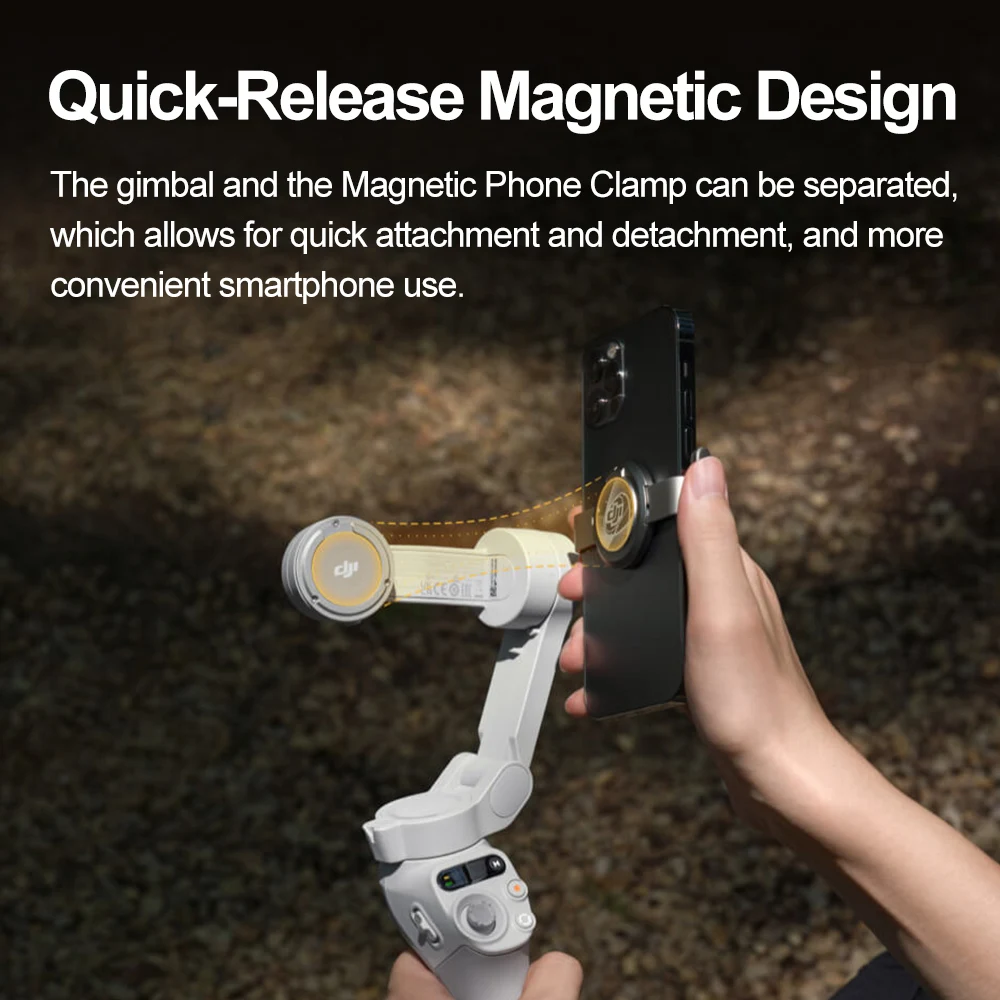 مثبت للهواتف الذكية DJI oعرضي للهواتف الذكية من 3 محاور بنظام OM SE ومثبت بمسار تشغيل مغناطيسي ولفة سريعة تعليمات سهلة لتحرير بنقرة واحدة
