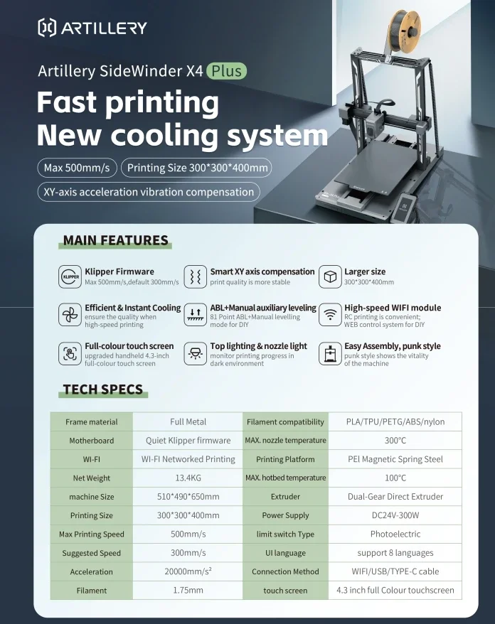 LWJ    Artillery 3D Printer Sidewinder X4 Plus 300*300*400mm  Print Size High speed fast speed printing 3d printer