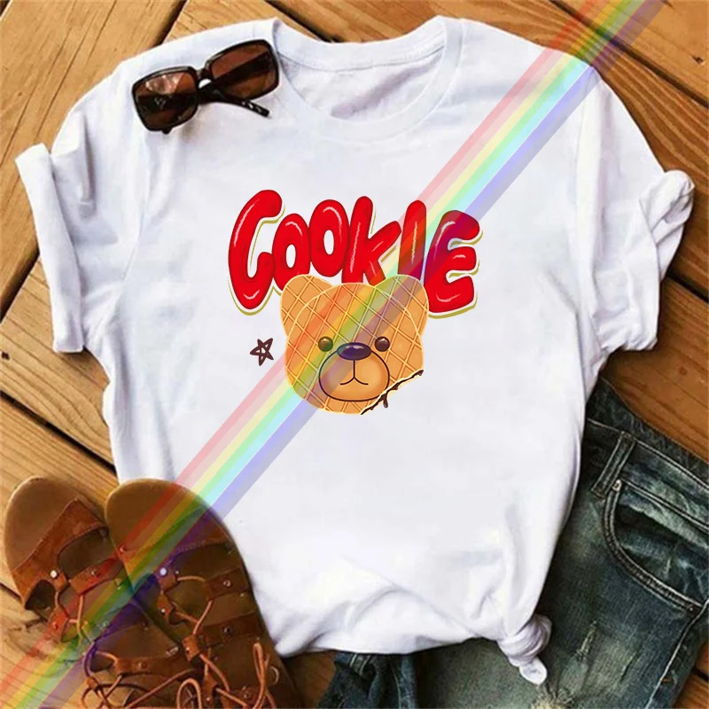 Y2K Women's Luxury brand Cartoon Cookie Bear Print T-shirt Summer large Short Sleeve T-shirt Women's fashion crew-neck top