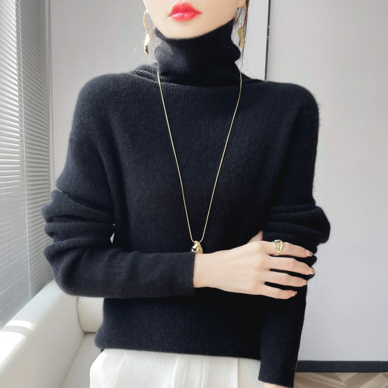 

Women's Turtleneck Pullover Knit Sweater Winter Warm Soft Stacked Neck Solid Colour Long Sleeve Casual Ladies Pullover Sweater