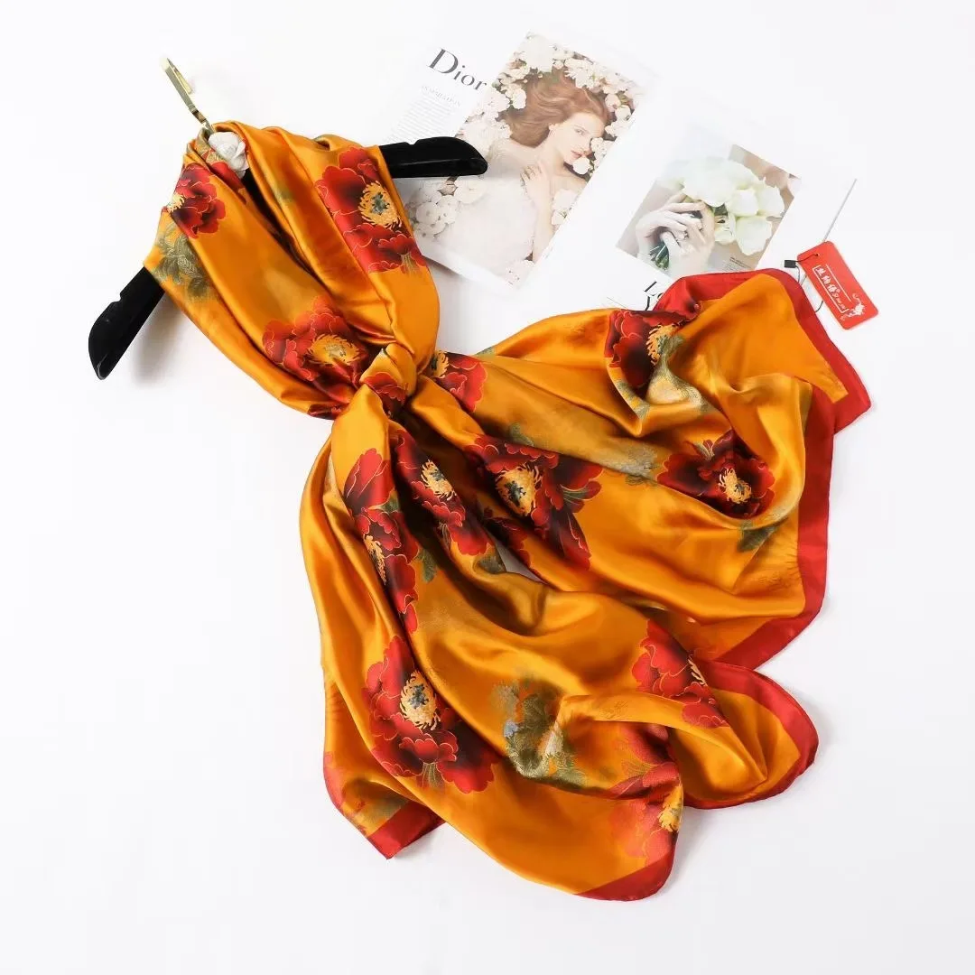 Silk Scarf Women Shawls Female Fashion Flowers For Traveling Sun Protect Sunscreen Beach Scarves Air Conditioning Luxury 2025