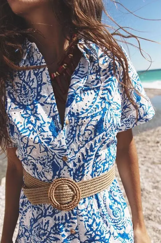 BB6389 ZA25 Polo da donna nuova estate manica corta con cintura in cotone stampato abito camicia 2157045