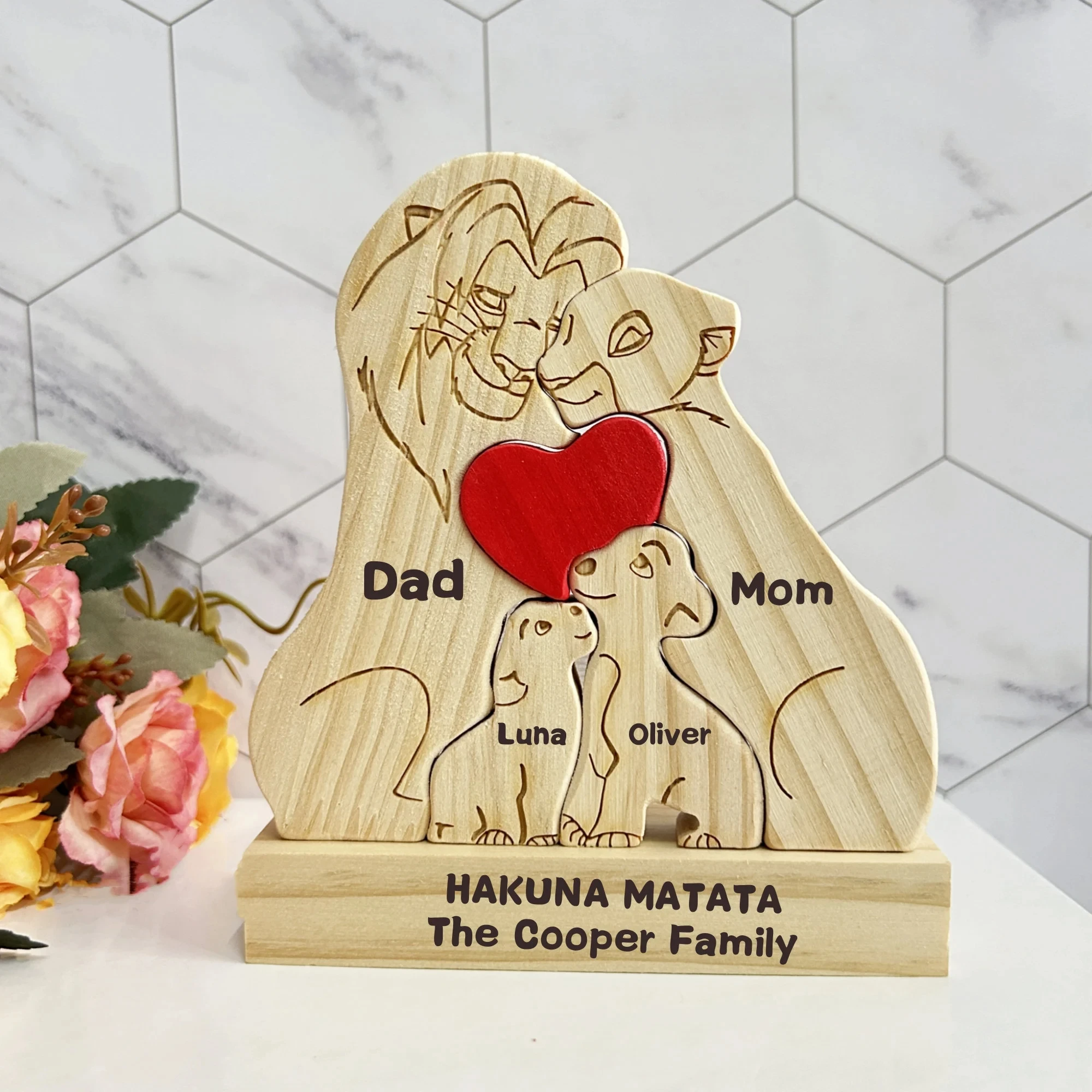 Custom Wooden Lion Family Puzzle-Engraved Family Name Puzzle-Family Keepsake Gift-Animal Family-Gift For Kids Wooden Decor